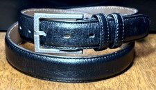 Men s Black Full Grain Leather Belt Sz34 1-1/4 Wide Silvertone Bkl VGUC
