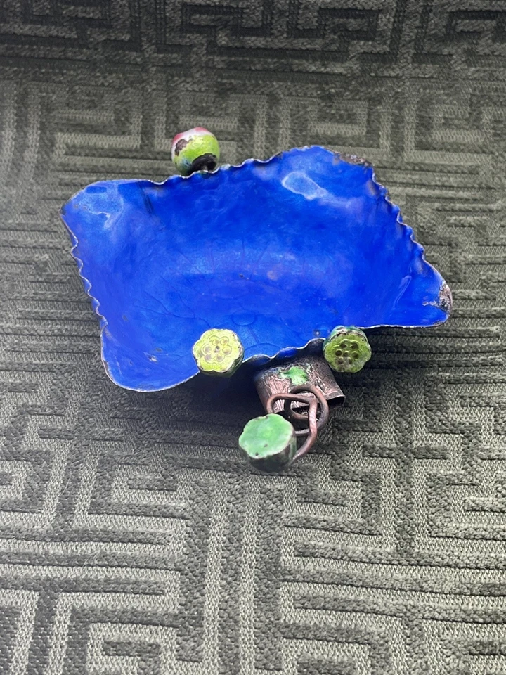 Старинный китайский медный лотос лист синий эмаль щетка горшок чаша лоток - Изображение 3 из 4