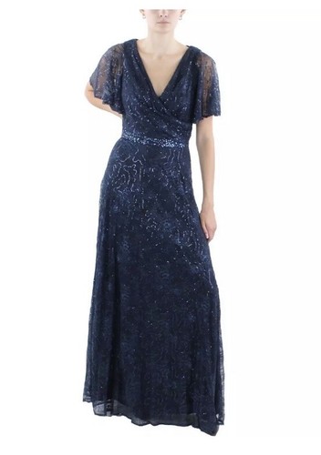 B&A by Betsy and Adam Womens Navy Lace Sequined Evening Dress Gown 10 2894