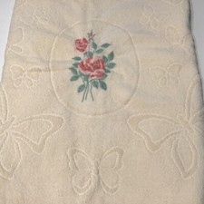 Vintage 1980s Sculpted Butterfly Bath Towel Embroidered Pink Roses Made USA New