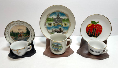 Three Vintage Souvenir Cup Saucer Sets w/ Stands   New York, Kansas & Wisconsin