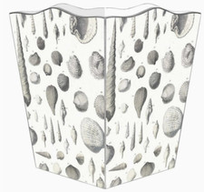 Marye-Kelley, Grey Shells Wooden Wastepaper Basket, Silver Trim, Scalloped Top