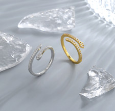 Silver/Gold Green Eyes Snake Pave Cubic Zirconia Adjustable Band Ring