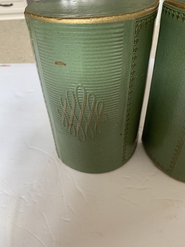 BOOK ENDS Vintage GREEN LEATHER Gold Trim On Edge And Scroll Design Art Deco - Picture 3 of 9