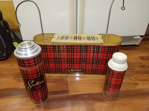 Vintage Skotch Plaid Car-Snac Picnic Cooler Thermos & Bottle Set Snack Seat