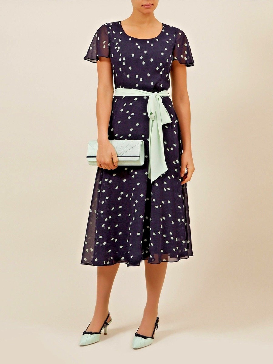 New Jacques Vert dress 14 16 20 Chiffon Navy Blue Green Spotted