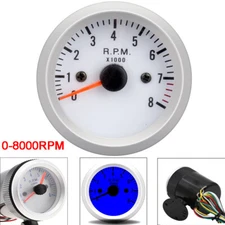 2" 52mm White 12V Tachometer 0-8000 RPM Blue LED Tach Gauge Meter Auto Car Boat