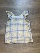 LOFT Womens Plaid Sleeveless Ruffle Cotton Blouse Size S