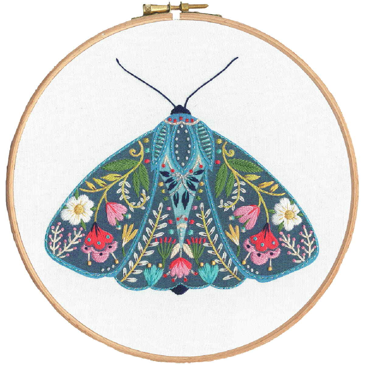 Bothy Threads stamped embroidery kit with hoop ""Pollen-Moth"", EPO3, Diam. 17,5cm