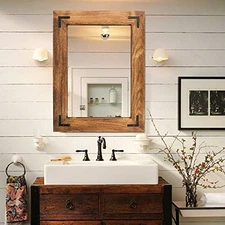  Rustic Wooden Framed Wall Mirror, Natural Wood Bathroom Vanity 32" x 24" Brown