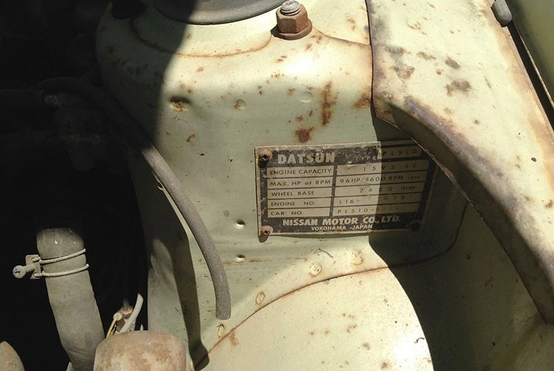 The Datsun 510's tag proudly displays the little wonder's horsepower rating.
