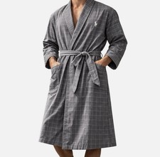 Polo Ralph Lauren Mens Cotton Robe S/M Gray Windowpane Plaid Flannel Loungewear