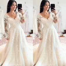 Boho Wedding Dresses Long Sleeve V Neck Sweep Train Lace Applique Bridal Gowns