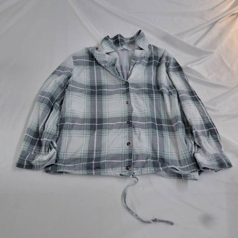 Eden & Olivia Women Button-Up Shirt Large Gray Blue Plaid Drawstring Hem