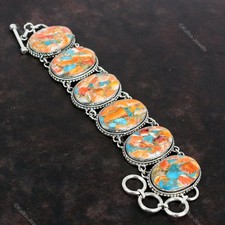 Spiny Oyster Copper Turquoise Bracelet 925 Sterling Silver Vintage Adjustable Je