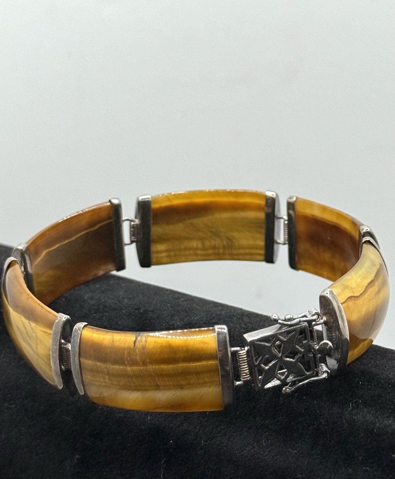 Vintage Sterling Silver Link Rectangular Tiger Ey… - image 1