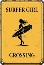 Surfer Girl Crossing Retro Vintage Beach Tin Metal Signs Home D cor 8x12