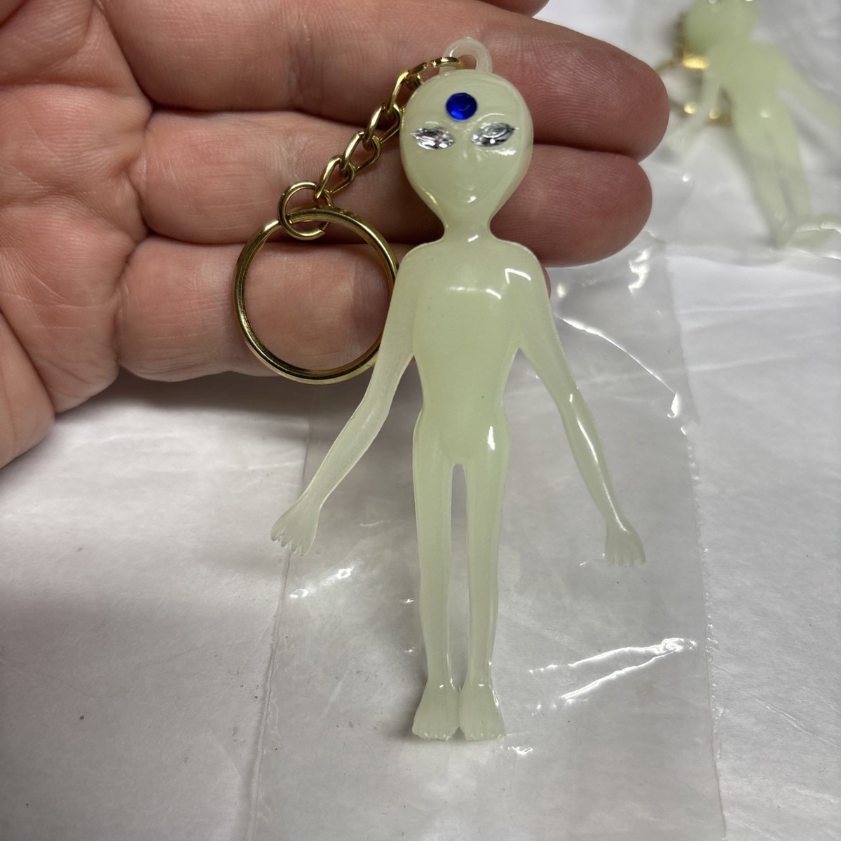 Vintage 80s GLOW IN THE DARK ALIEN Keychain, Necklace Jeweled Head 