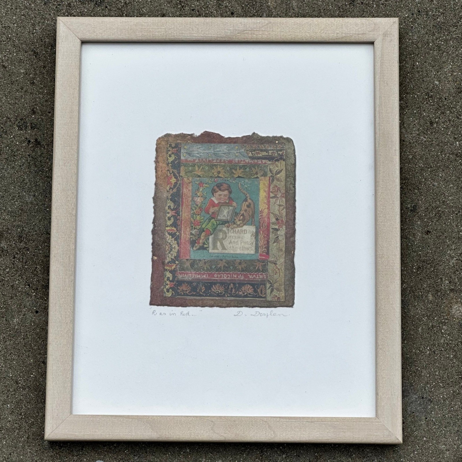 Danielle Desplan Signed Mixed Media Art 'R as in Red' Framed Collage Vintage