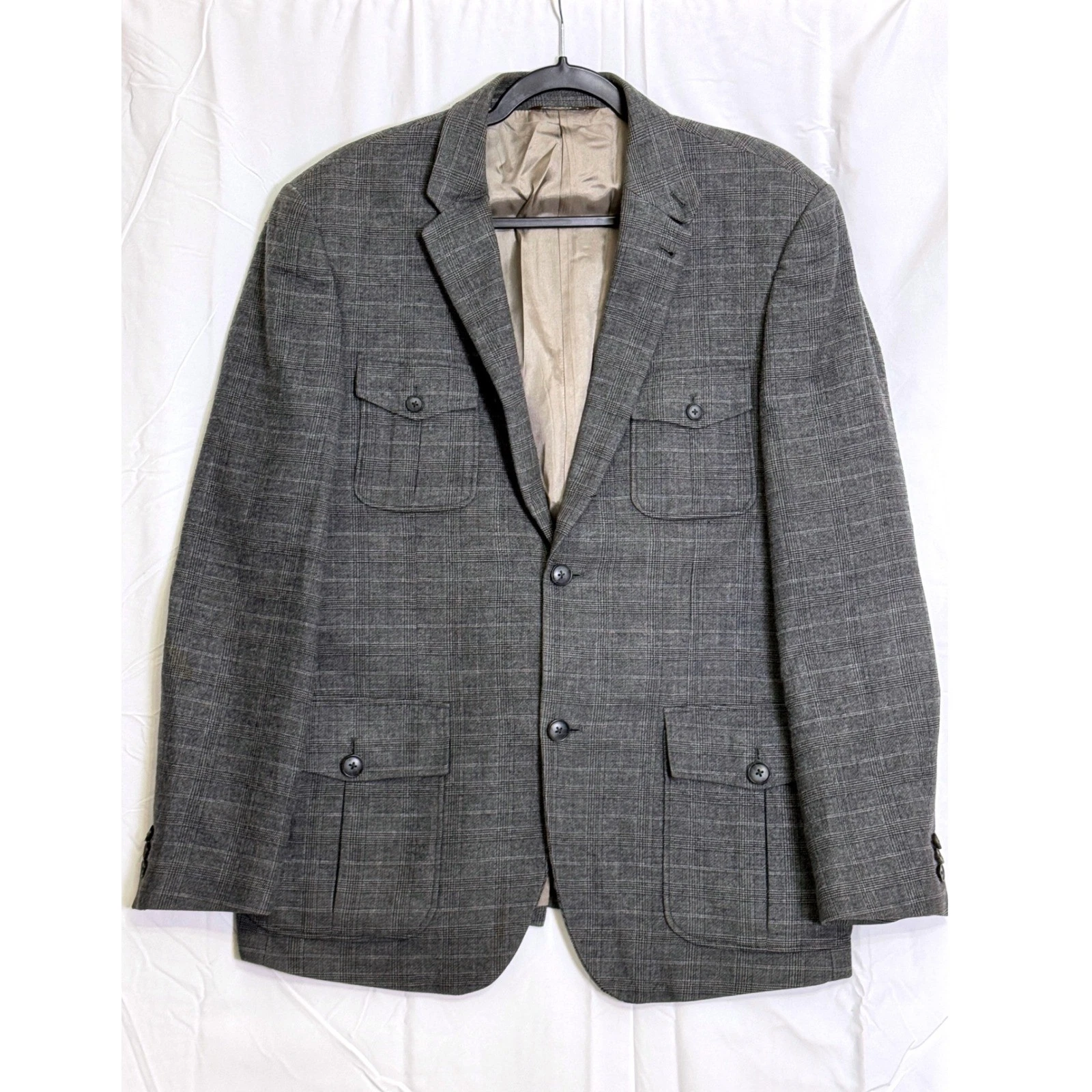 Perry Ellis Mens Gray Plaid Sport Coat Jacket Blazer 44 REG