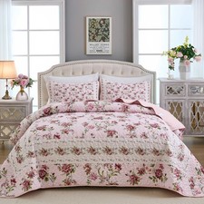 Floral Quilt Set King Size, 3PCs Antique Rose Pink Bedspread Coverlet Set, Li...