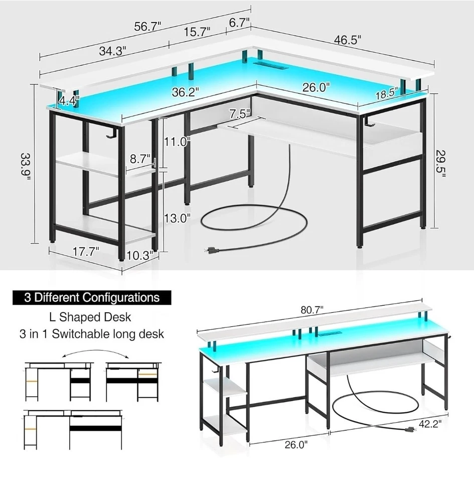 l shaped gaming desk with led lights - Image 3 of 4