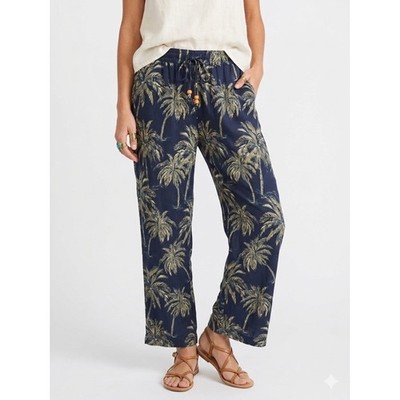 Soft Surroundings Tropical Palm Tree Wide-Leg Casual Pull-On Pants Navy Green PM