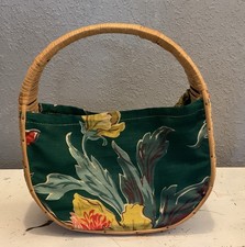 Vintage 1940s Rattan Wicker Handbag Purse W/Floral Fabric