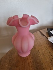 Fenton Art Glass Rose Satin Ruffled Melon Vase 1970's Vintage 6" tall Pink Matte