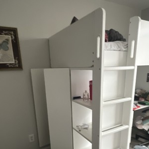 White Wood Twin Loft Bed Frame w/ Built-In Ladder Desk and Storage