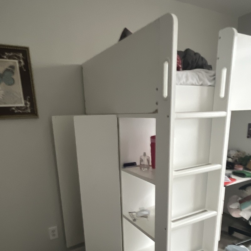 White Wood Twin Loft Bed Frame w/ Built-In Ladder Desk and Storage