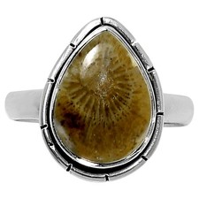 Natural Flower Fossil Coral 925 Sterling Silver Ring s.8 Jewelry R-1011