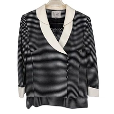 Vintage Le Suit Blazer Skirt Suit Set Size 10 Petite Black White Polka Dot Chic