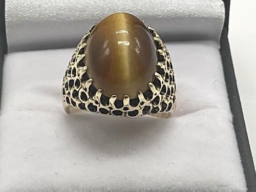 Large Vintage Retro Fine Condition Tiger Cat Eye “Jumbo”Detail Cut 14k Gold Ring - Picture 3 of 11