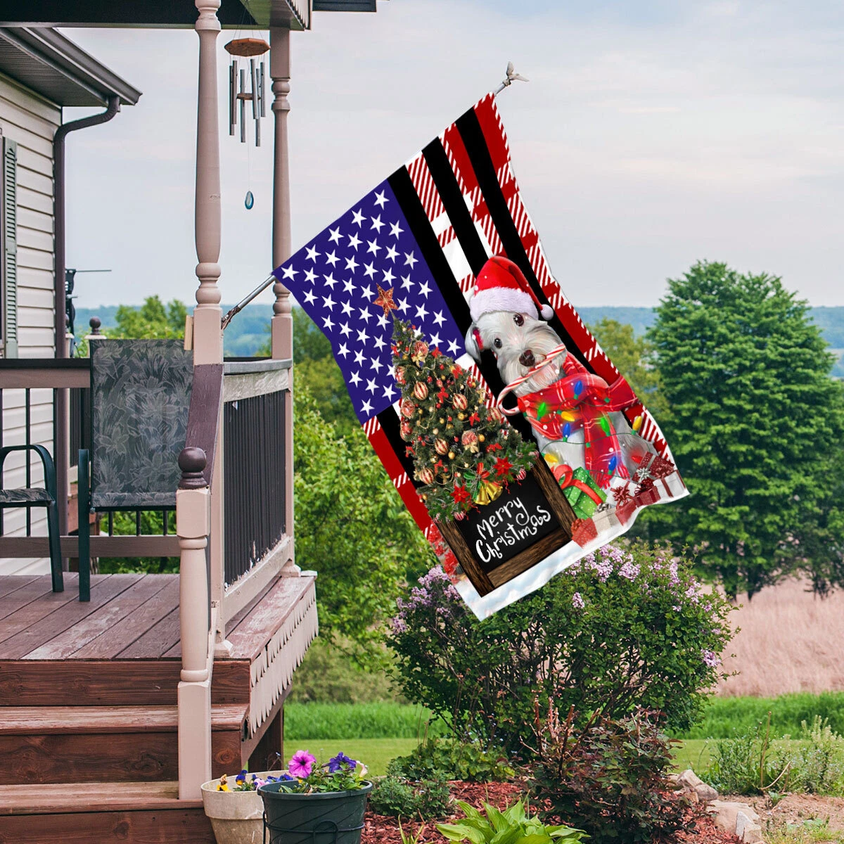 Miniature Schnauzer Dog Merry Christmas Flag, Schnauzer Dog Christmas Tree Flag