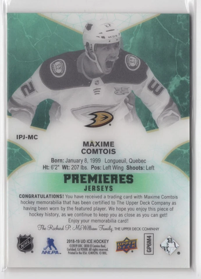 2018-19 Upper Deck Ice Premieres Jerseys Maxime Comtois Anaheim Ducks #IPJ-MC - Image 2 of 2