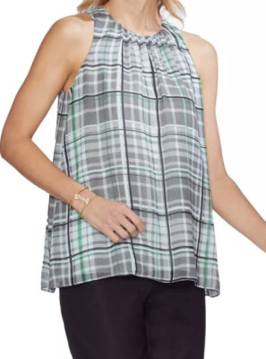 Vince Camuto Women's Plaid Day Break Seaglass Sleeveless Top Blouse Size  XXS