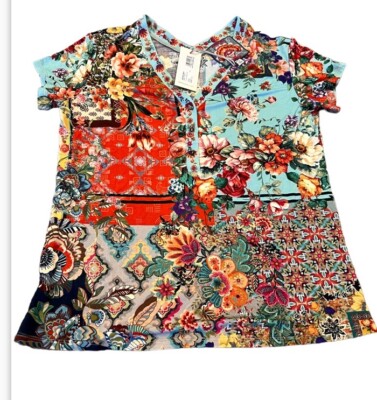 JOHNNY WAS Otti Multi Floral Button Neck Tee Shirt Blouse  XS Free Shipping
