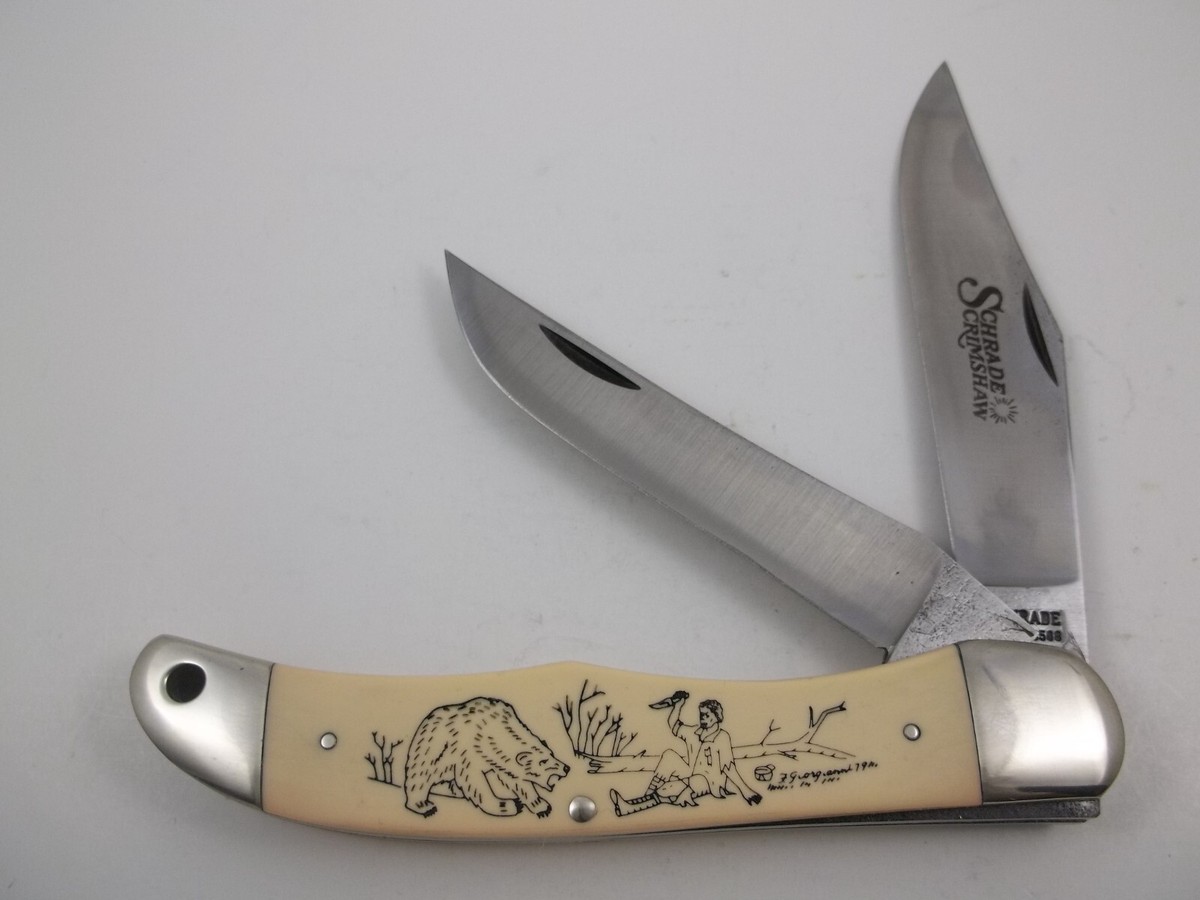 Schrade Scrimshaw SC-508 Bear Attacking Man Folding Hunter Knife
