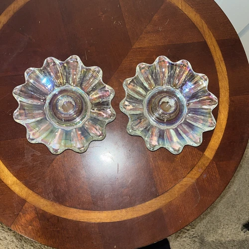 Federal Glass  Candlestick Holders 1970s Vtg Iridescent Carnival 2 pvs set