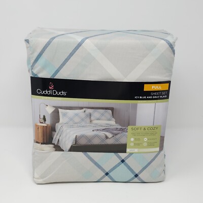 Cuddl Duds Full Double Size Soft Microfiber Sheets Set Icy Blue Gray Plaid 4 Pc