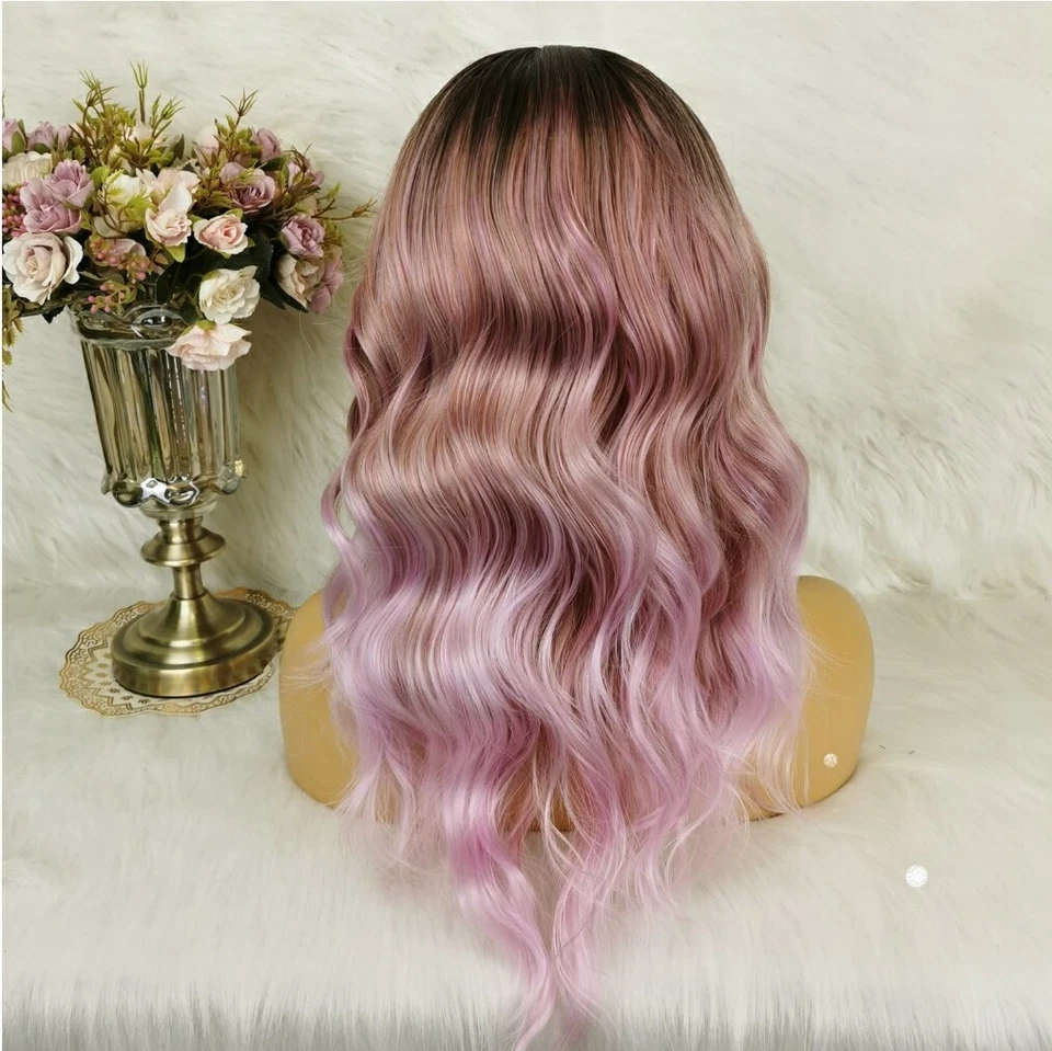 Peluca de encaje frontal HD platino metálico rosa ombre largo arco iris cabello humano mezclado Foto 3 de 4