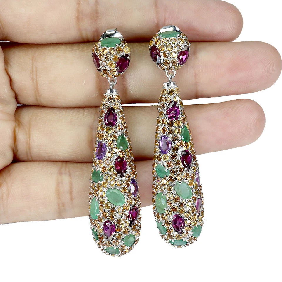 925 Pendientes de Plata de Ley Ovalado Esmeralda Amatista Zafiro Gema Joyería - Imagen 2 de 4