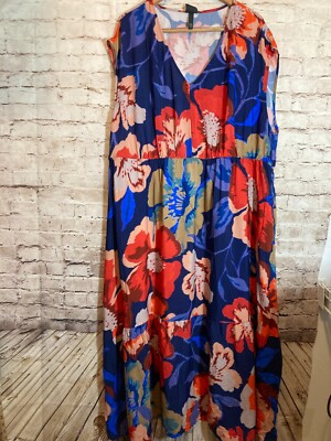 Ulla Popken Maxi Dress Womens 24/26 Colorful Florals Tiered Flowy Plus Pockets