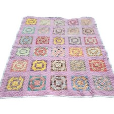 Handmade Vtg Feed Sacks Churn Dash Quilt Edge To Edge Scrollwork Quilting 71x97"