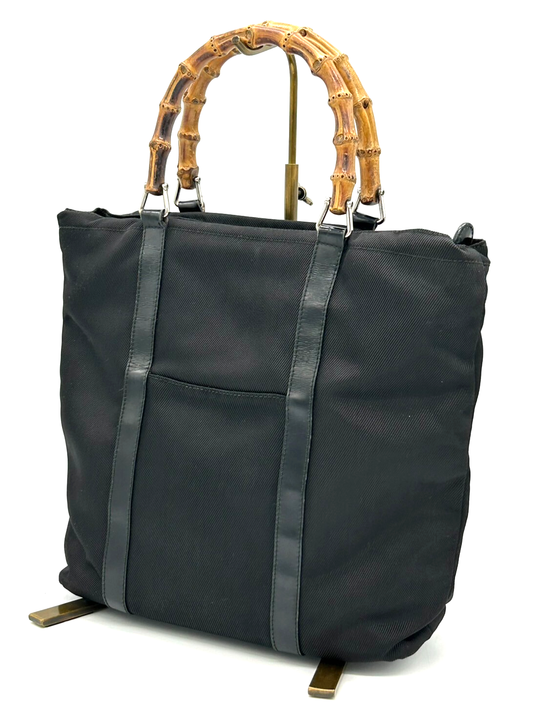 Gucci Authentic Bamboo Nylon Leather Black Tote Handbag