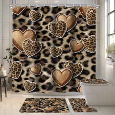 Leopard Print Shower Curtain Set 4Pcs Heart Cheetah Bathroom Set with Rugs  Bla