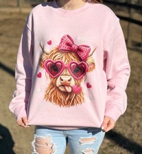 Pink Highland Cow Valentine Sweatshirt Cute Cow with heart glasses cow lover