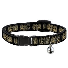 Cat Collar Breakaway with Bell BD Skulls w/Wings Black/Tan NARROW Fits 8.5-12"