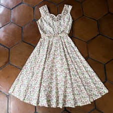 Vintage 50s 60s Floral Print Fit  Flare Belted Embroidered Day Dress Sz 8 / 10